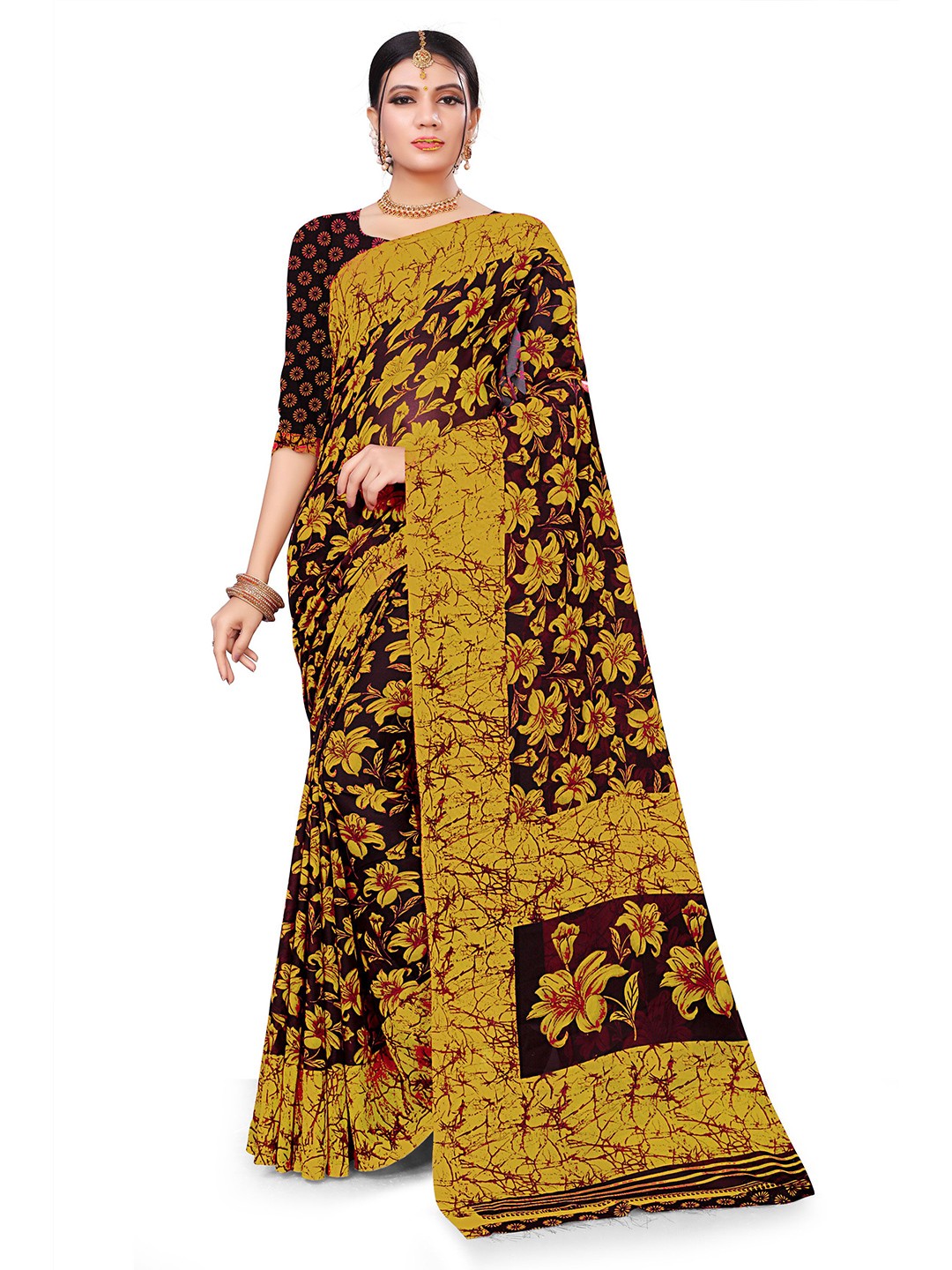 

RUNAYA NX Printed Floral Pure Georgette Saree, Black