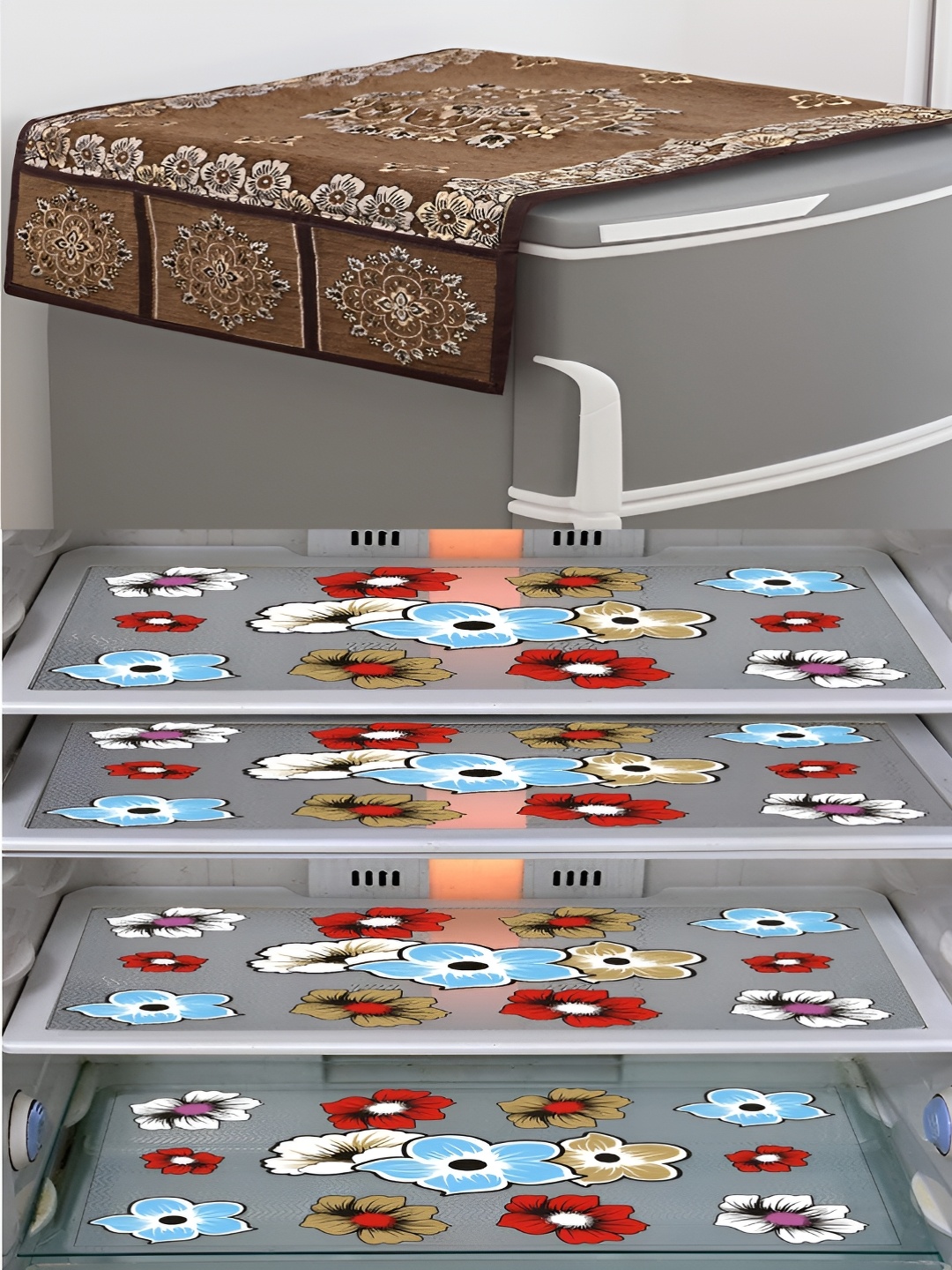 

LooMantha Brown & Red 5 Pieces Printed Fridge Cover With Side Storage & Fridge Mat