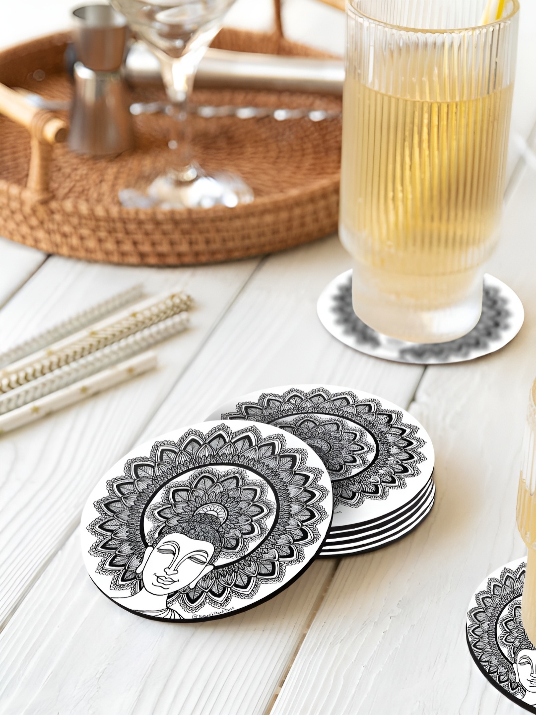 

macmerise White & Black 6 Pieces Buddha Printed Wooden Circular Coasters