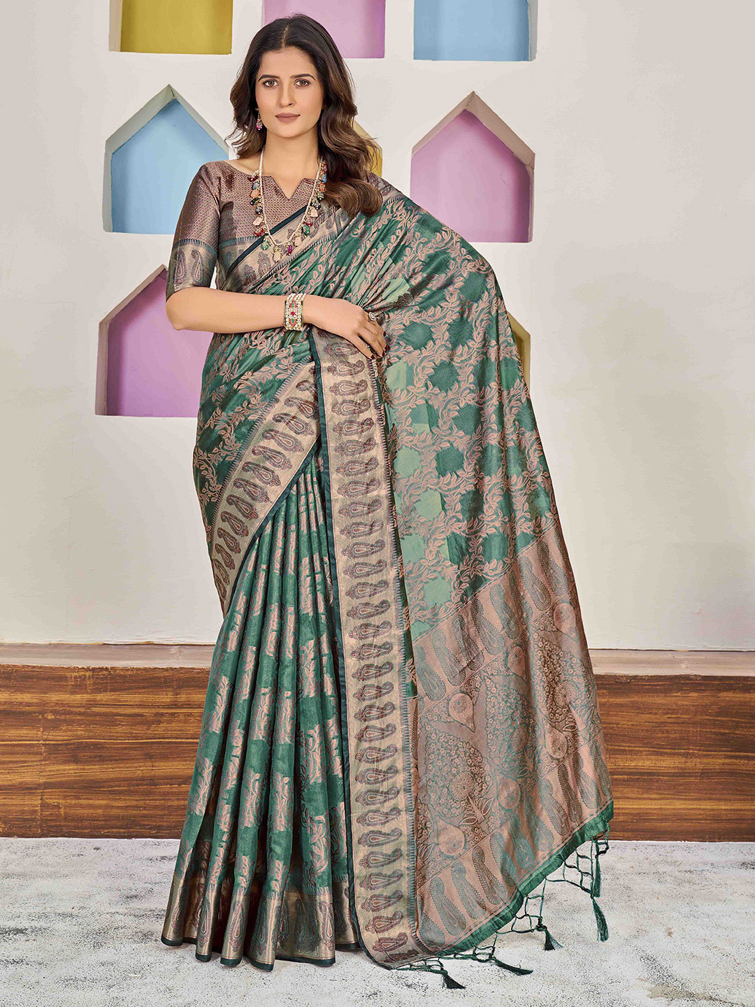 

Ethnielle Woven Design Zari Silk Blend Saree, Teal