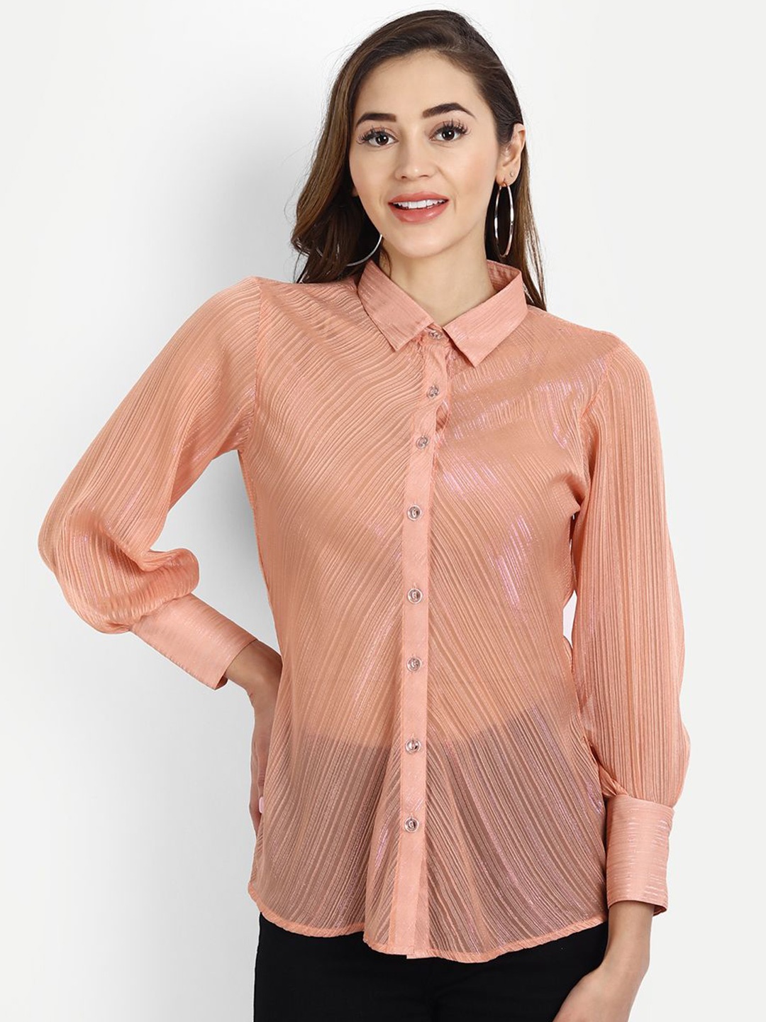 

all about you Women Striped Shirt Collar Top, Peach