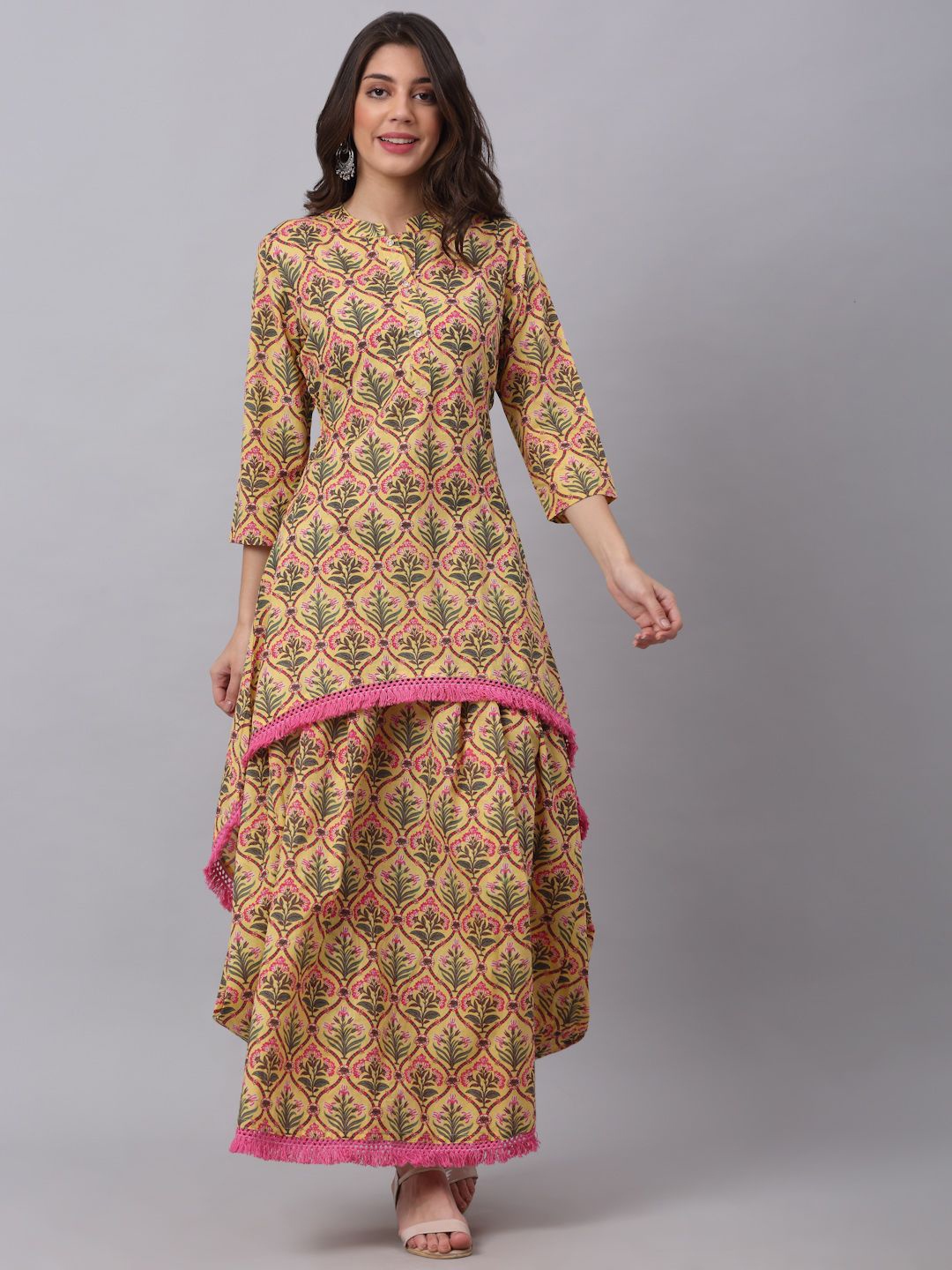 

KALINI Floral Printed Mandarin Collar Pure Cotton Kurta With Skirt, Yellow