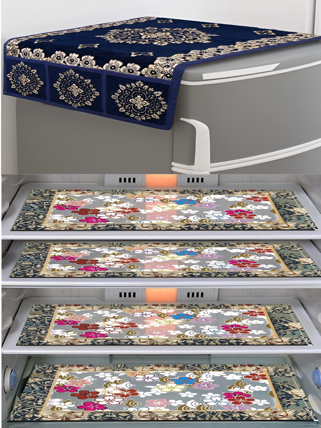 

Dakshya Industries Blue & White 5 Pieces Printed Fridge Mats & Top Cover