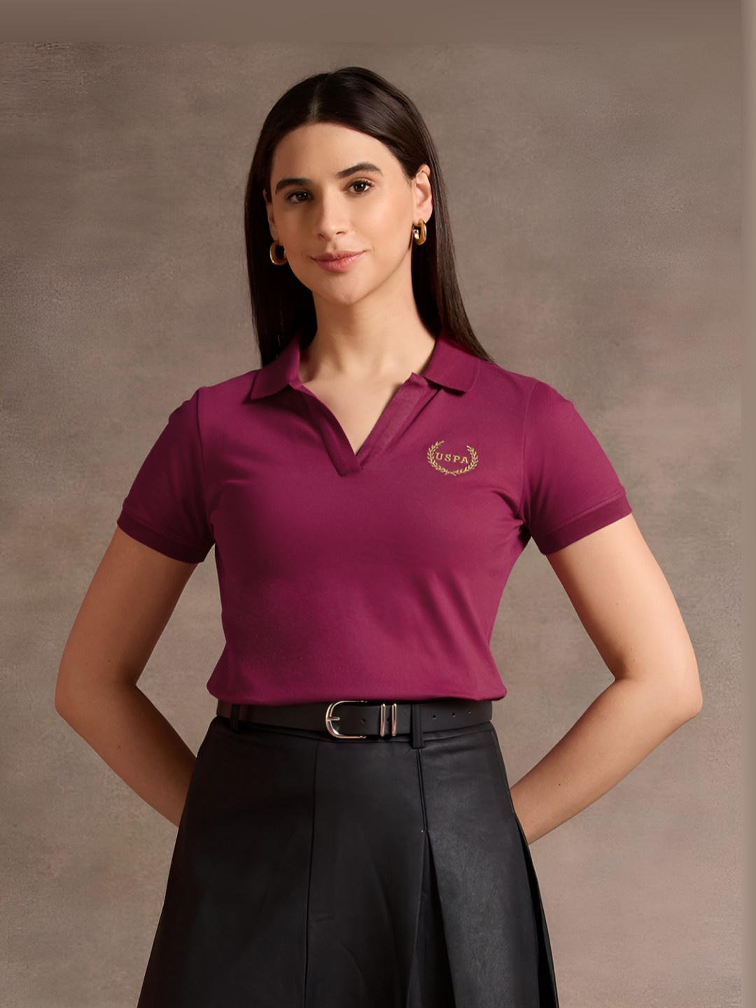 

U.S. Polo Assn. Women Embroidered Brand Logo Polo Collar T-shirt, Burgundy