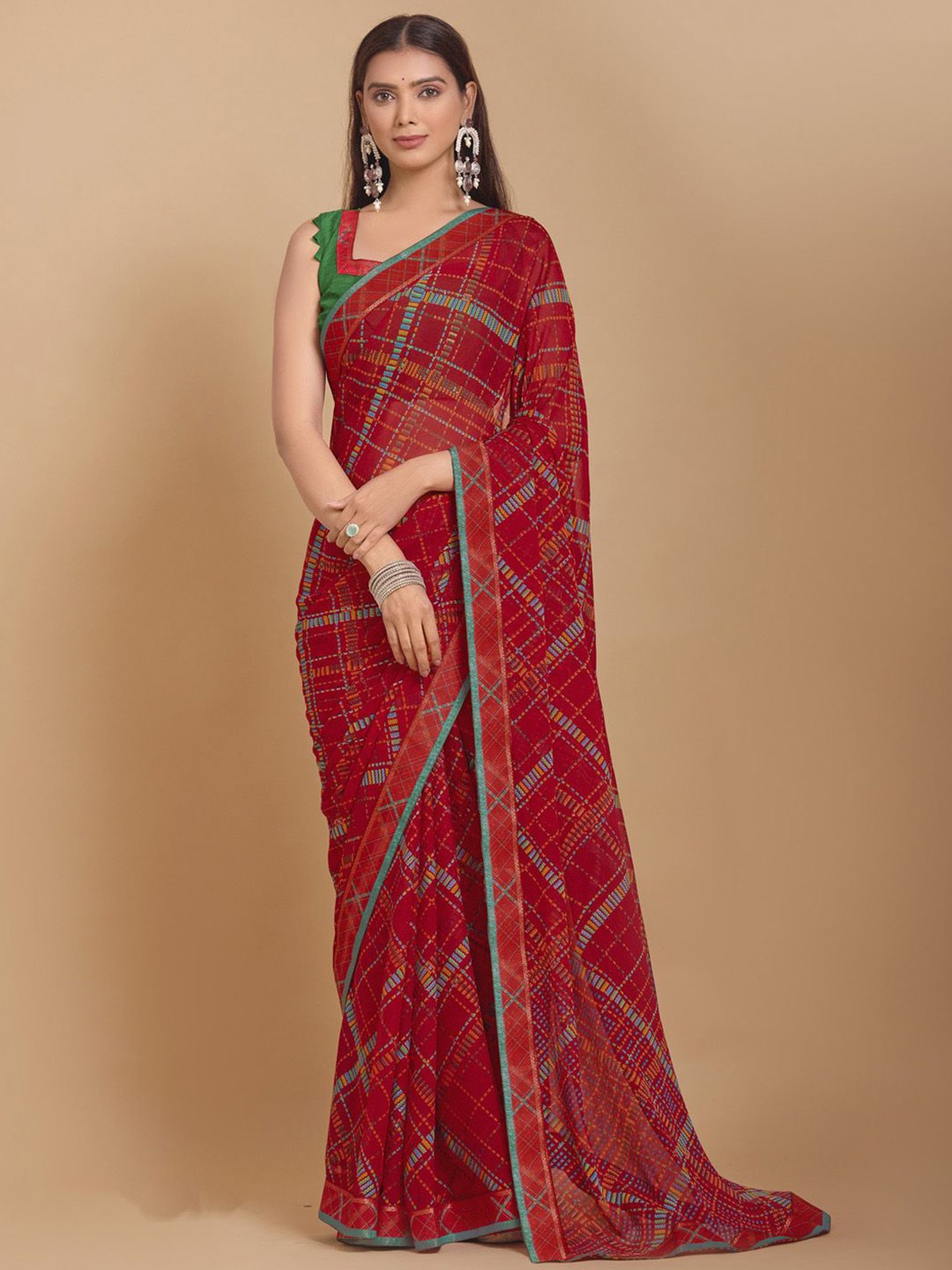 

KALINI Poly Chiffon Bagh Saree, Red