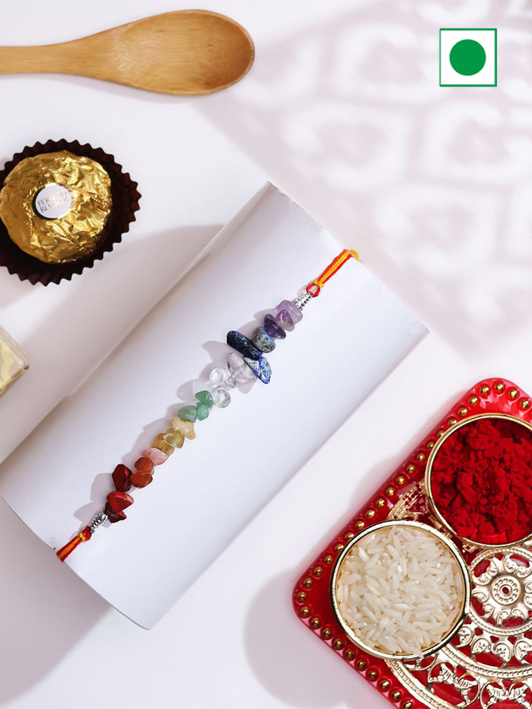

Shubhanjali Chakra Chips Thread Rakhi With Roli Chawal & Greeting Card, Yellow