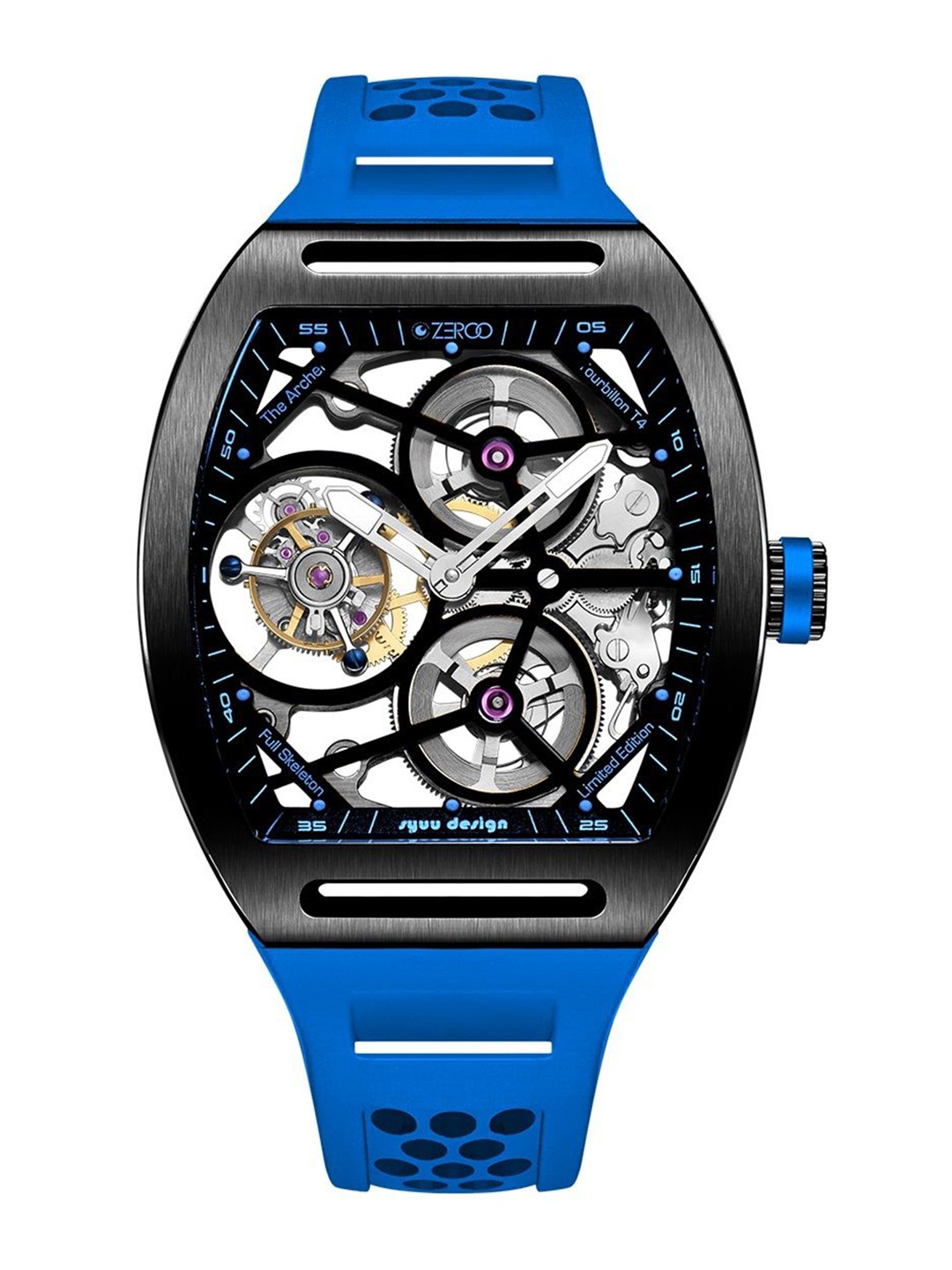 

ZEROO Unisex Skeleton Dial & Leather Straps Analogue Watch ZT004BLB, Blue