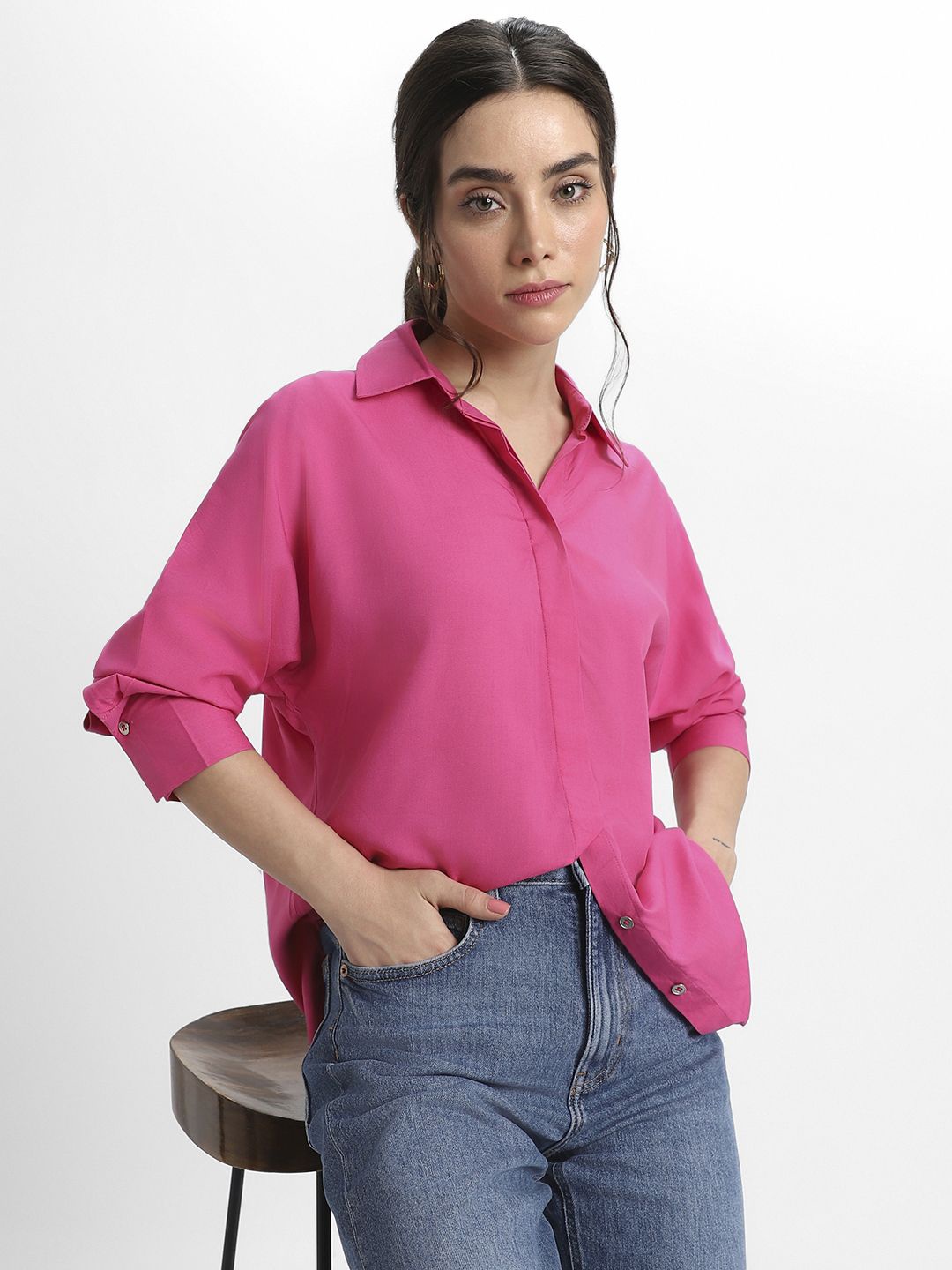 

DL Woman Women Spread Collar Solid Relaxed Fit Casual Shirt, Pink