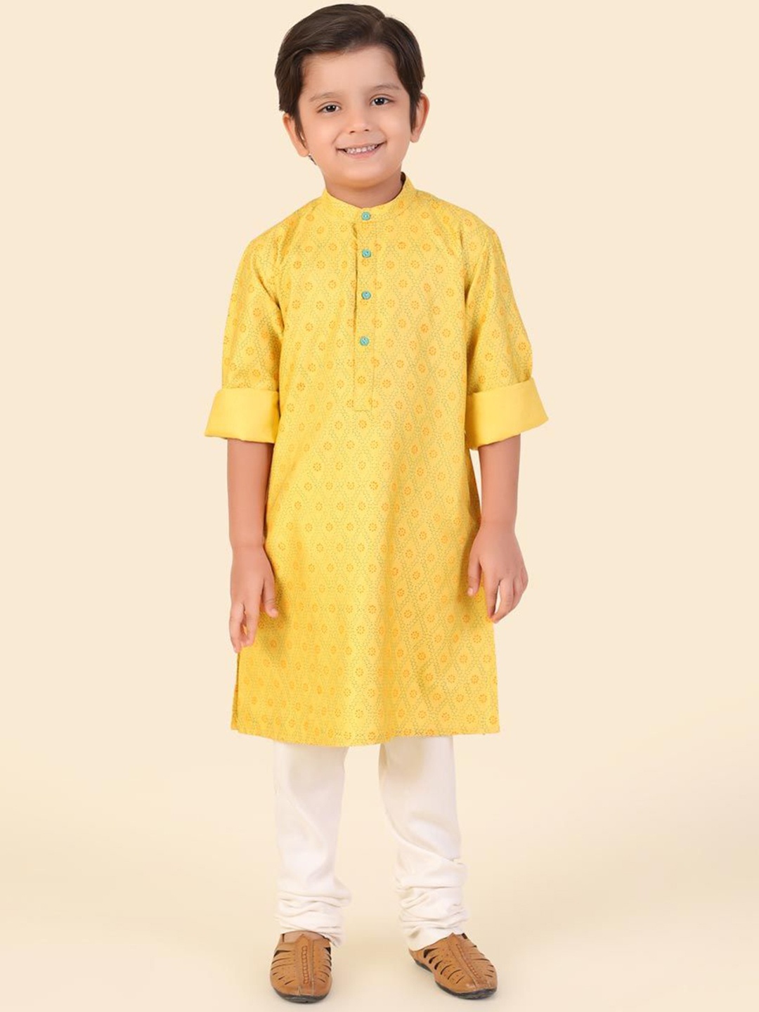 

Fabindia Boys Floral Printed Mandarin Collar Straight Kurta, Mustard