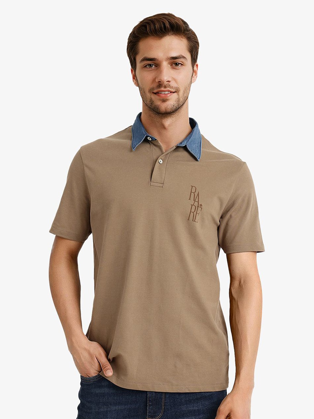 

RARE RABBIT Men Polo Contrast Collar Solid T-shirt, Beige