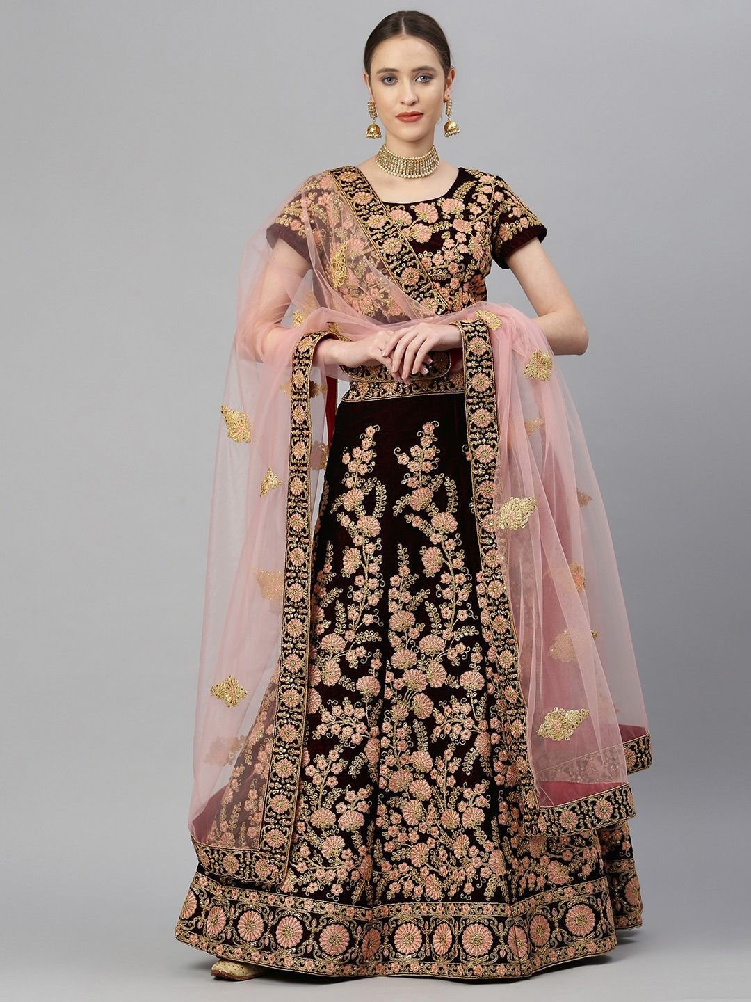 

FABPIXEL Embroidered Velvet Semi-Stitched Lehenga & Unstitched Blouse With Dupatta, Maroon