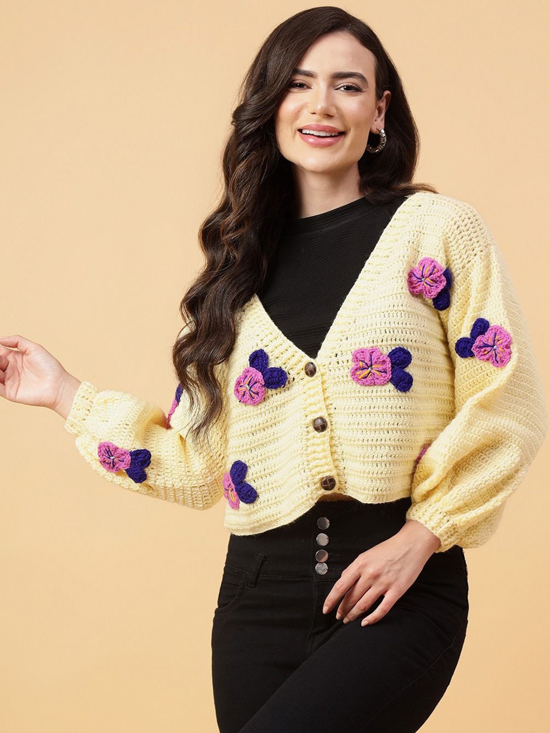

Velvery Women Floral Cardigan with Applique Detail, Cream