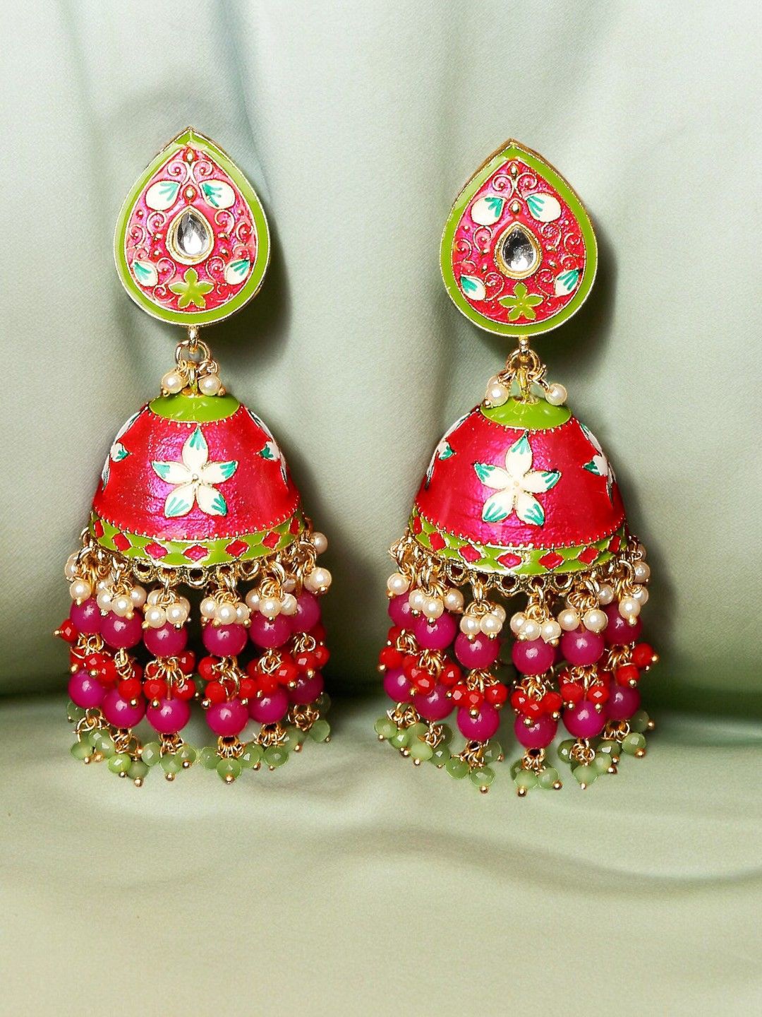 

Anouk Meenakari Kundan Stoned Floral Jhumkas, Pink