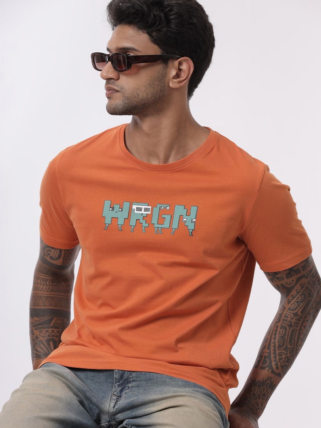 

WROGN Men Typography Printed Round Neck Cotton Slim Fit T-shirt, Rust