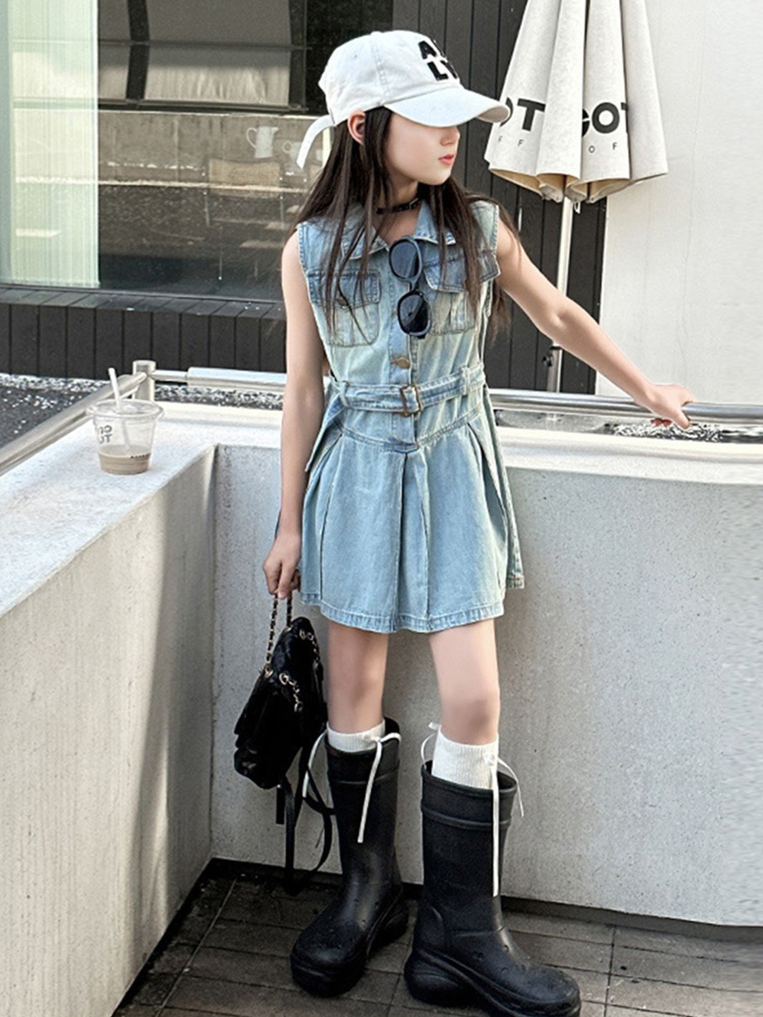 

INCLUD Girls Shirt Collar Sleeveless A-Line Denim Dress, Blue