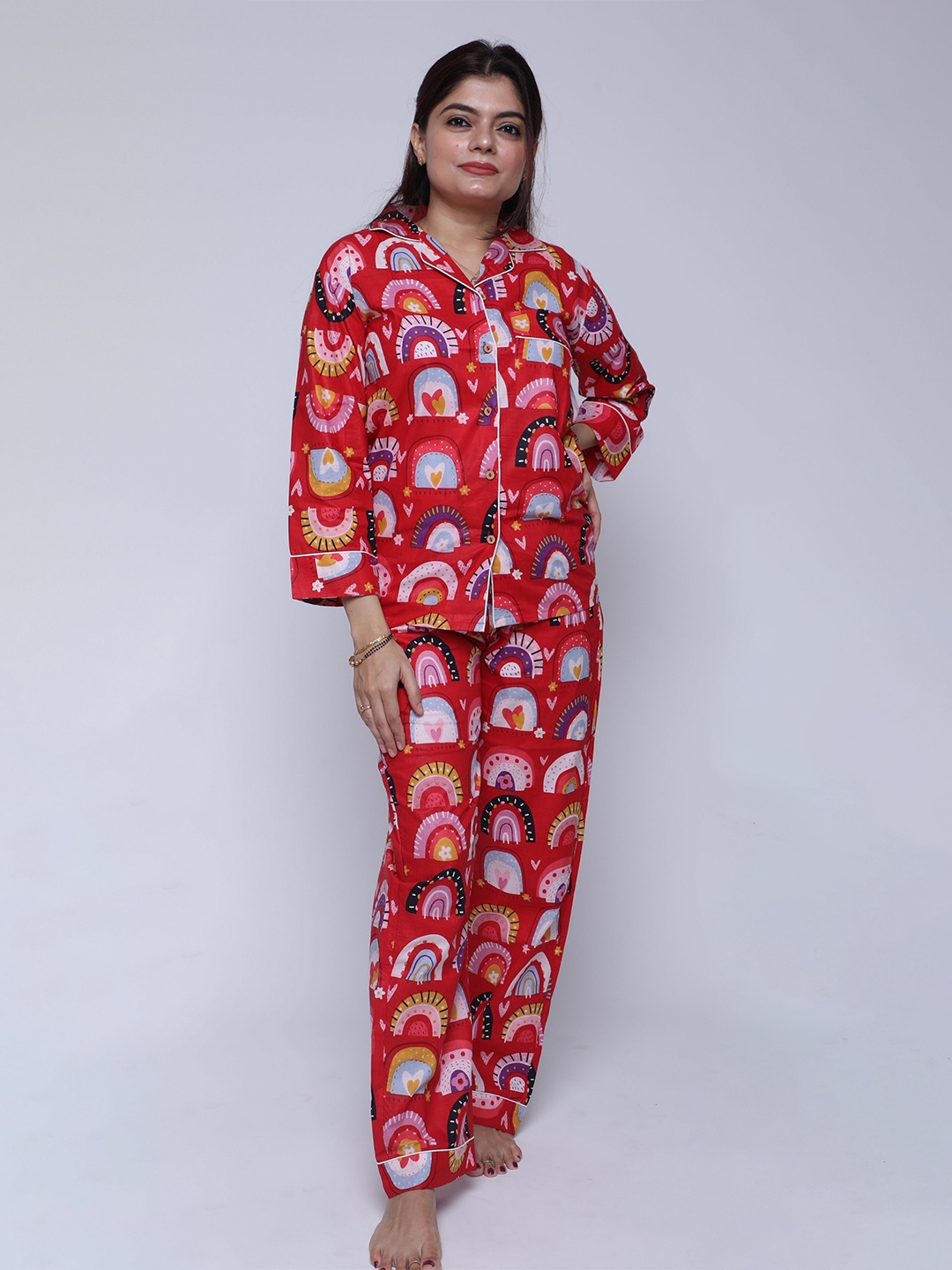 

MASU LIVING Women Bohemian Printed Pure Cotton Night suit, Red