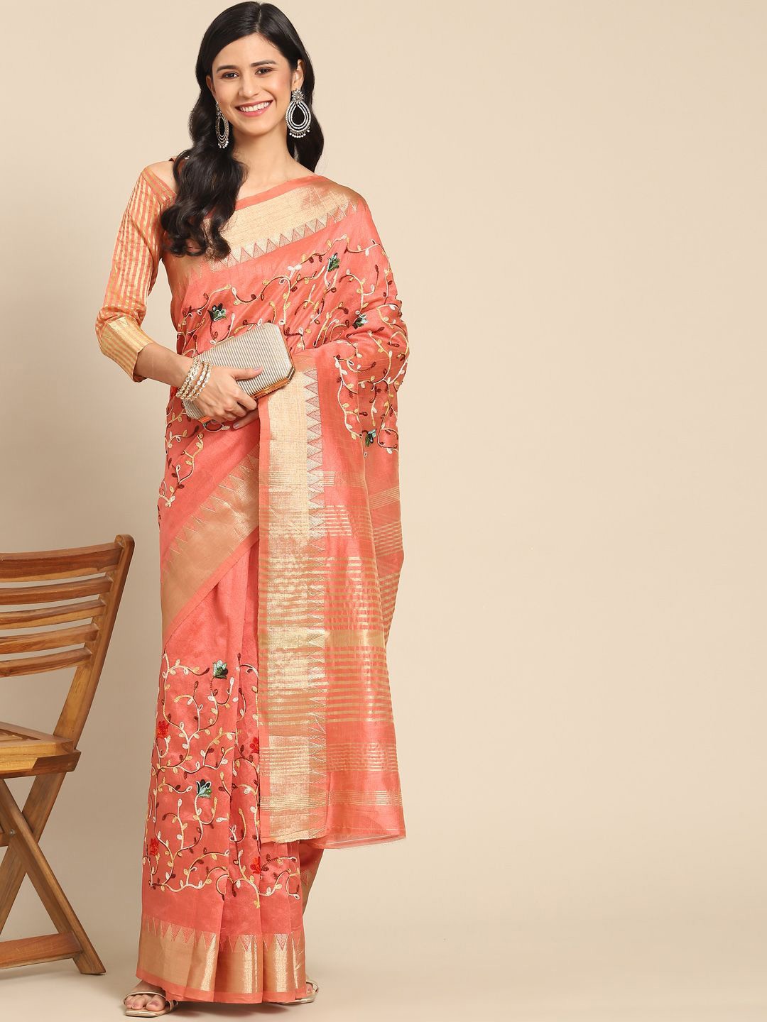 

KALINI Embroidered Mysore Silk Saree, Peach