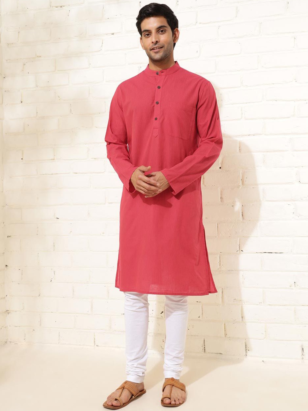 

Fabindia Striped Mandarin Collar Long Sleeves Cotton Straight Kurta, Pink