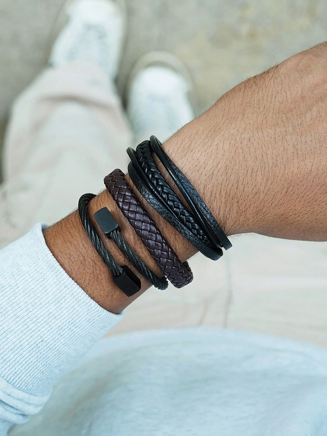 

JOKER & WITCH Jack Men Set of 2 Leather Wraparound Bracelets, Black
