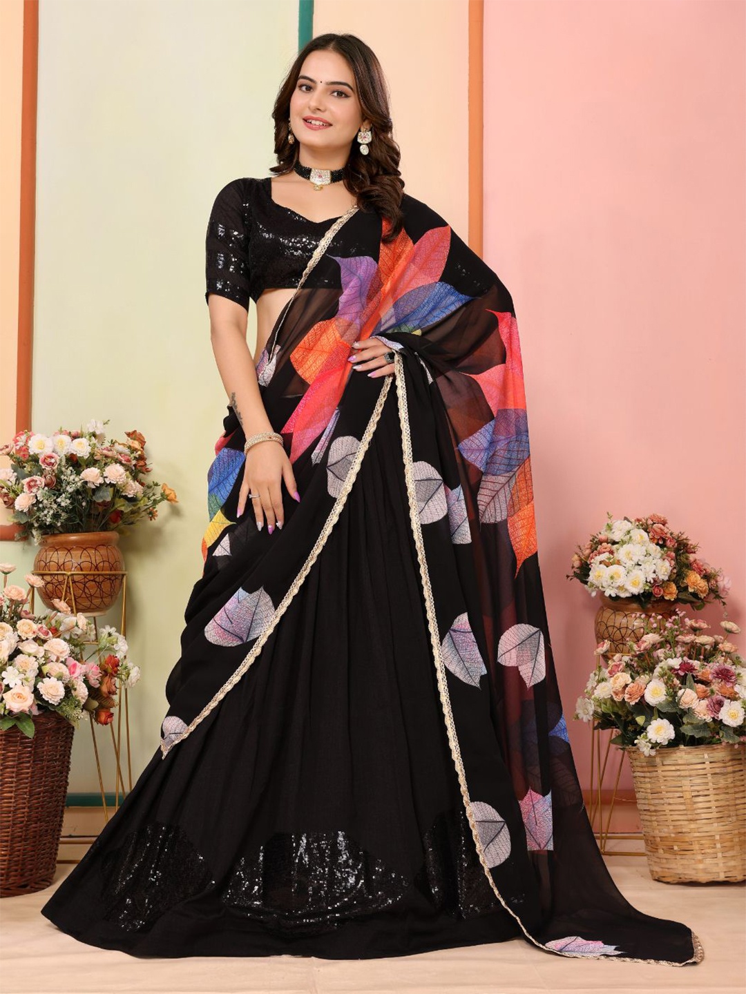 

VAIRAGEE Embellished Sequinned Ready to Wear Lehenga & Unstitched Blouse With Dupatta, Black
