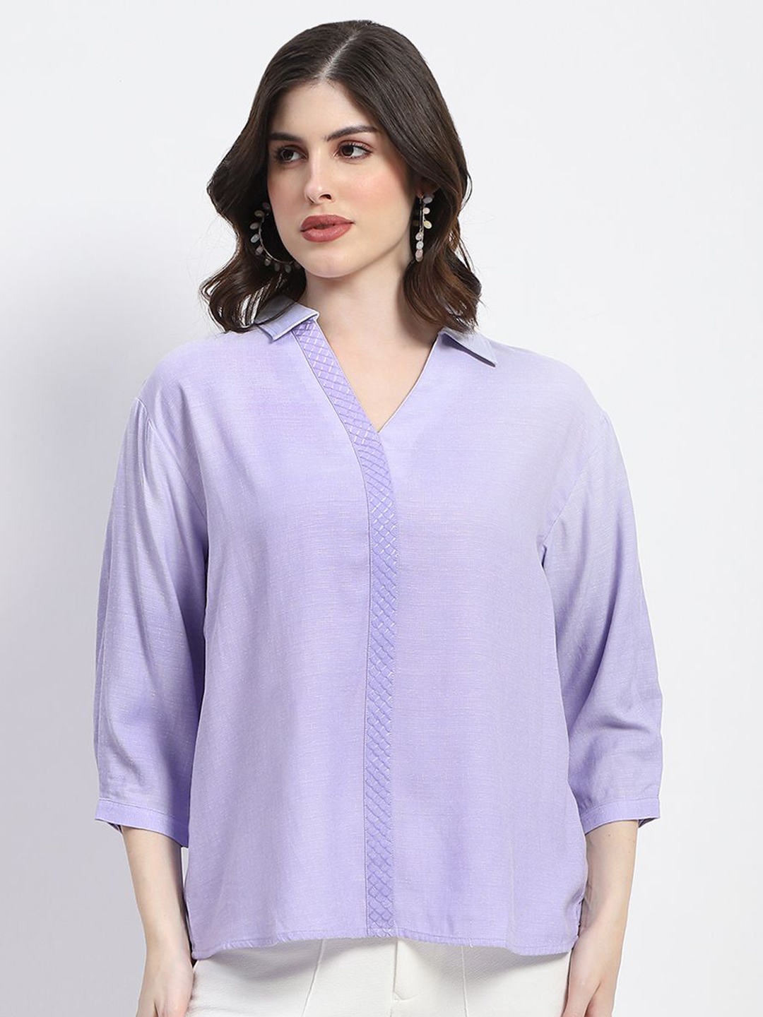 

Madame Women Solid Shirt Collar Top, Purple