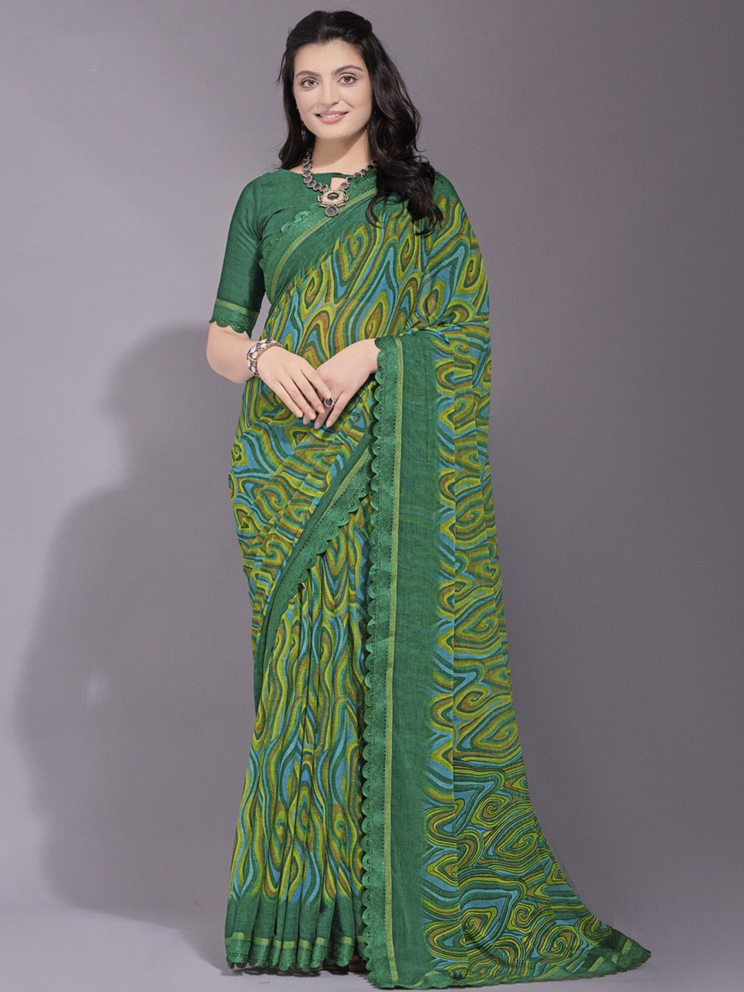 

KALINI Poly Printed Poly Chiffon Bagh Saree, Green