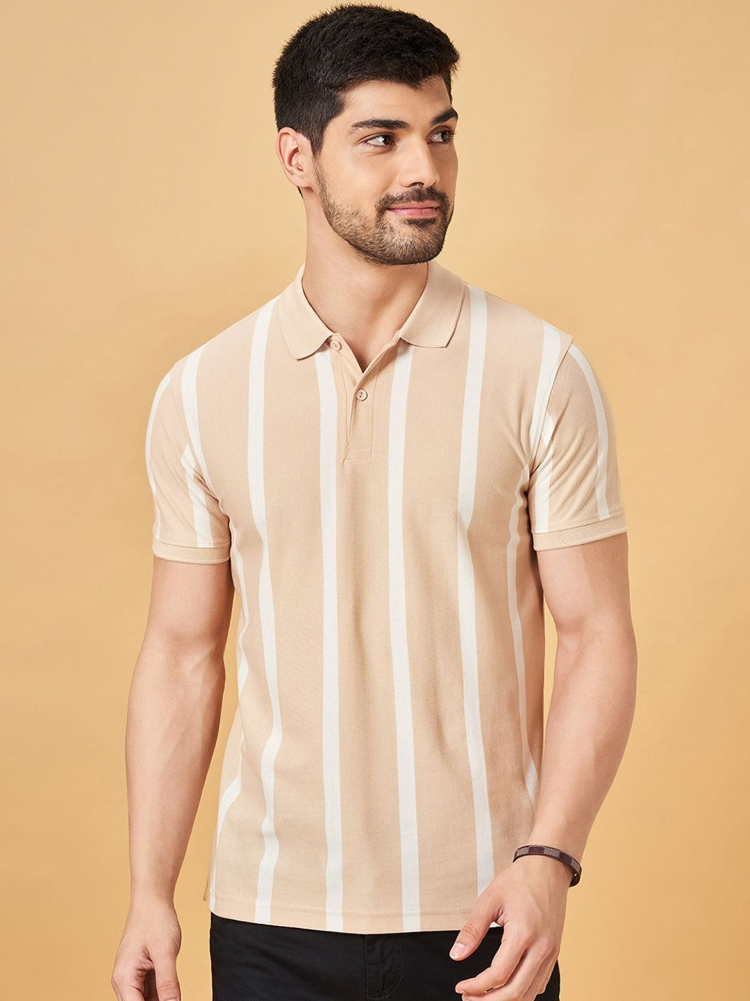 

BYFORD by Pantaloons Men Striped Polo Collar Cotton Slim Fit T-Shirt, White