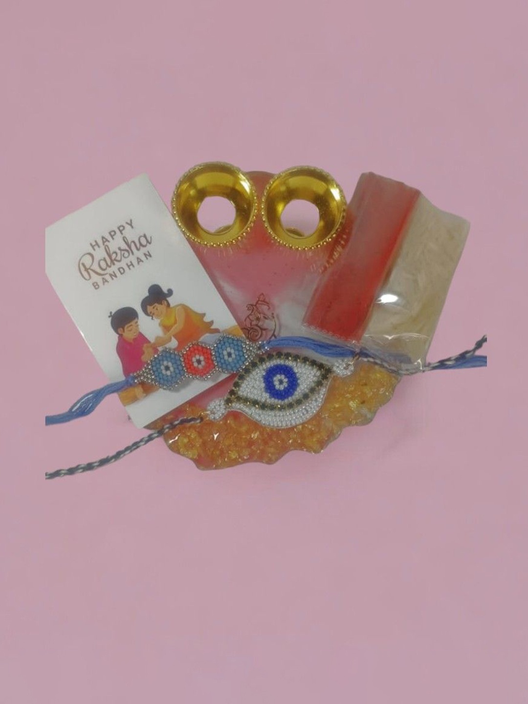 

PRIAANSHA CREATIONS Set Of 3 Beaded Rakhi With Thali Roli Chawal & Greeting Card Gift Set, Blue