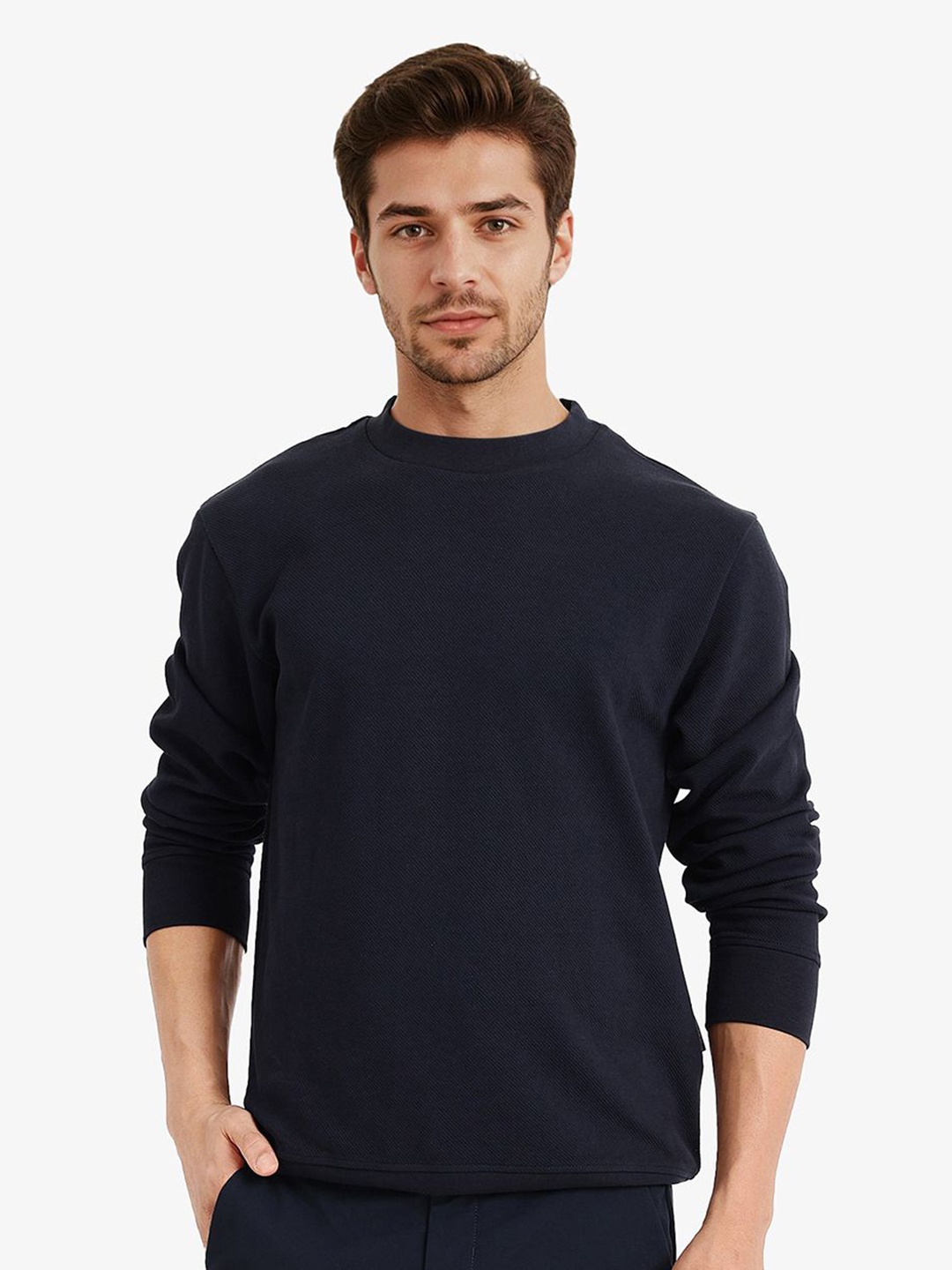 

RARE RABBIT Men Round Neck Solid Sweatshirt, Navy blue
