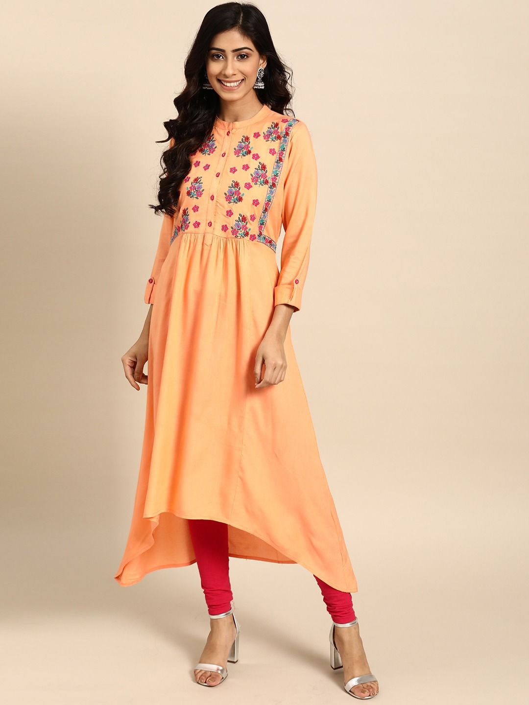 

Anouk Floral Yoke Design Mandarin Collar Thread Work Cotton A-Line Kurta, Peach