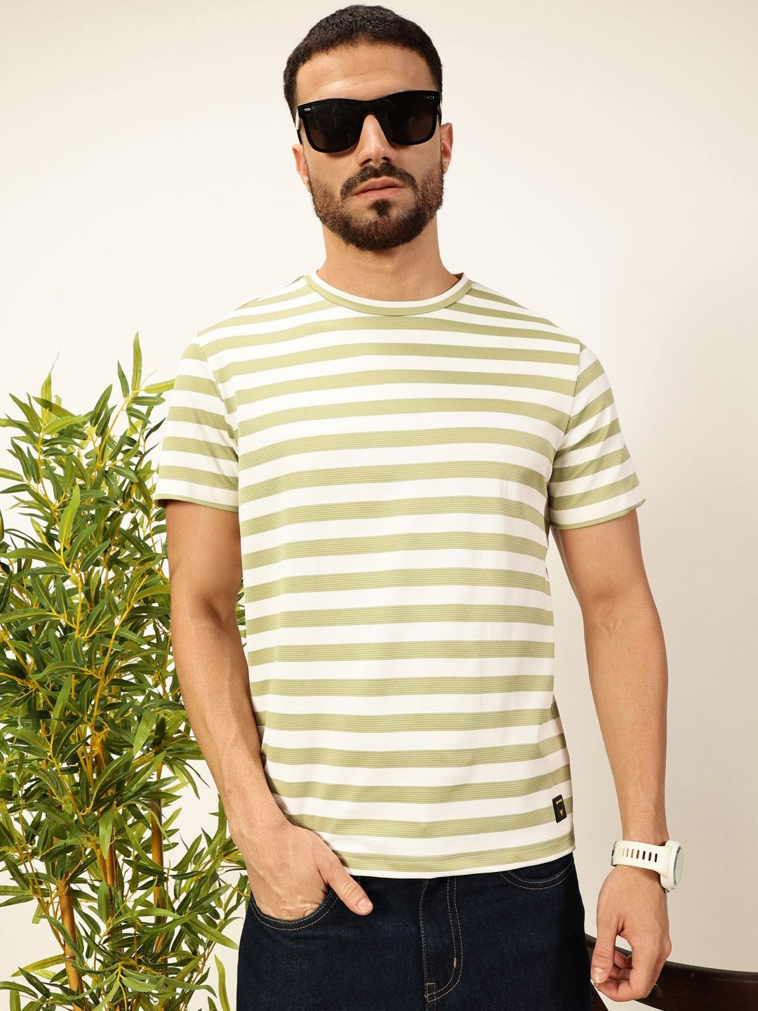 

Thomas Scott Men Anti Odour Striped Round Neck T-shirt, Green