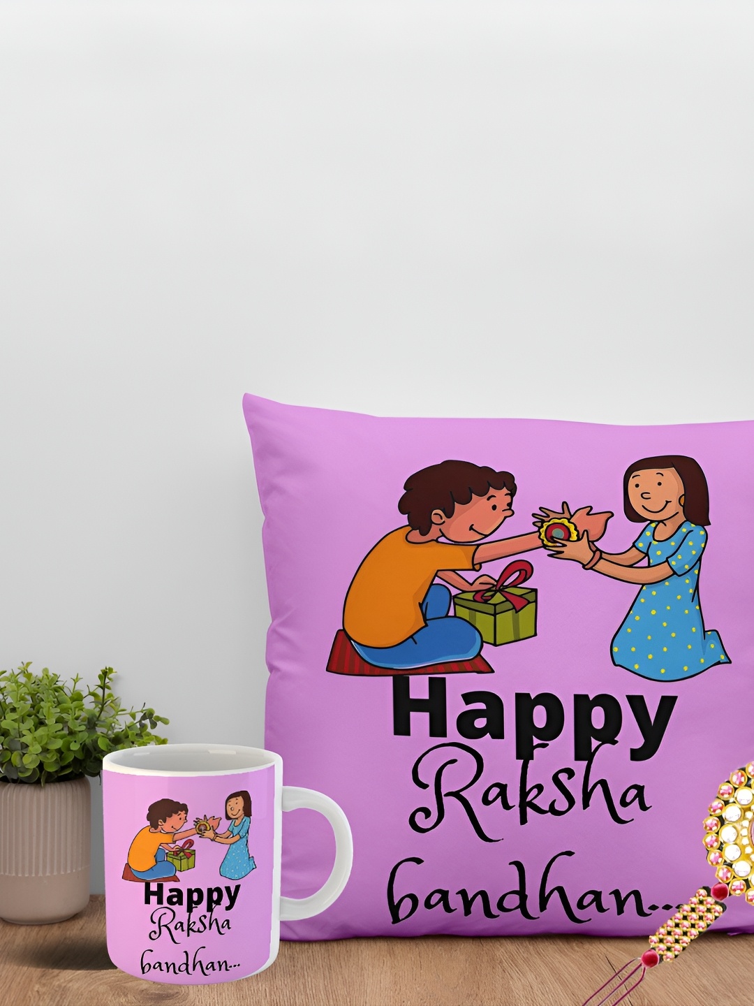 

ARTBUG Set Of 3 Rakhi With Printed Mug & Cushion, Gold