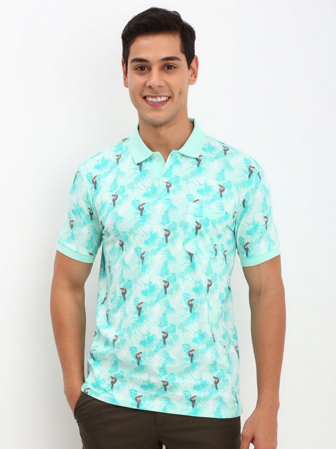 

Allen Solly Men Floral Printed Print Polo Collar Cotton T-Shirt, Sea green