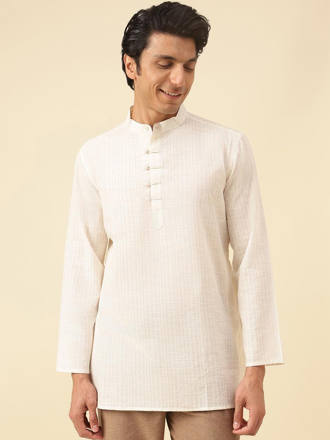 

Fabindia Striped Band Collar Straight Kurta, Off white