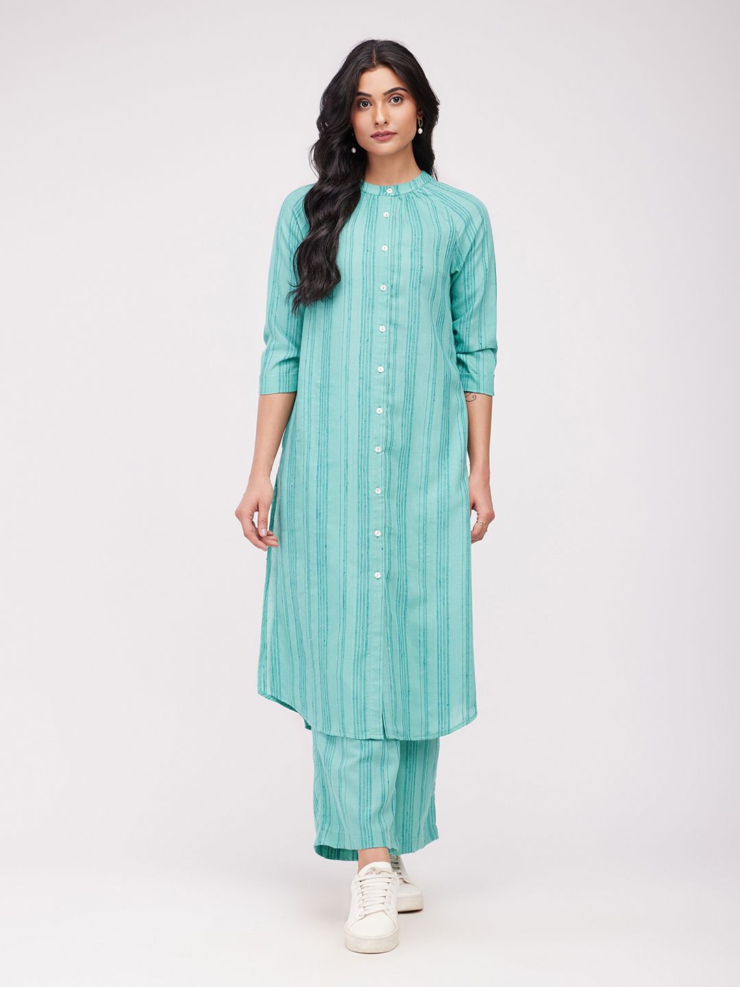 

Pink Fort Striped Woven Design A-Line Kurta, Green