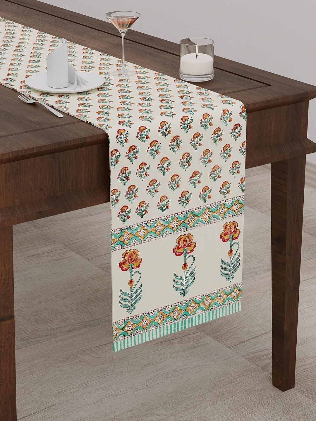 

BLOCKS OF INDIA Cream Coloured & Turquoise Blue Floral Printed Pure Cotton Table Runner