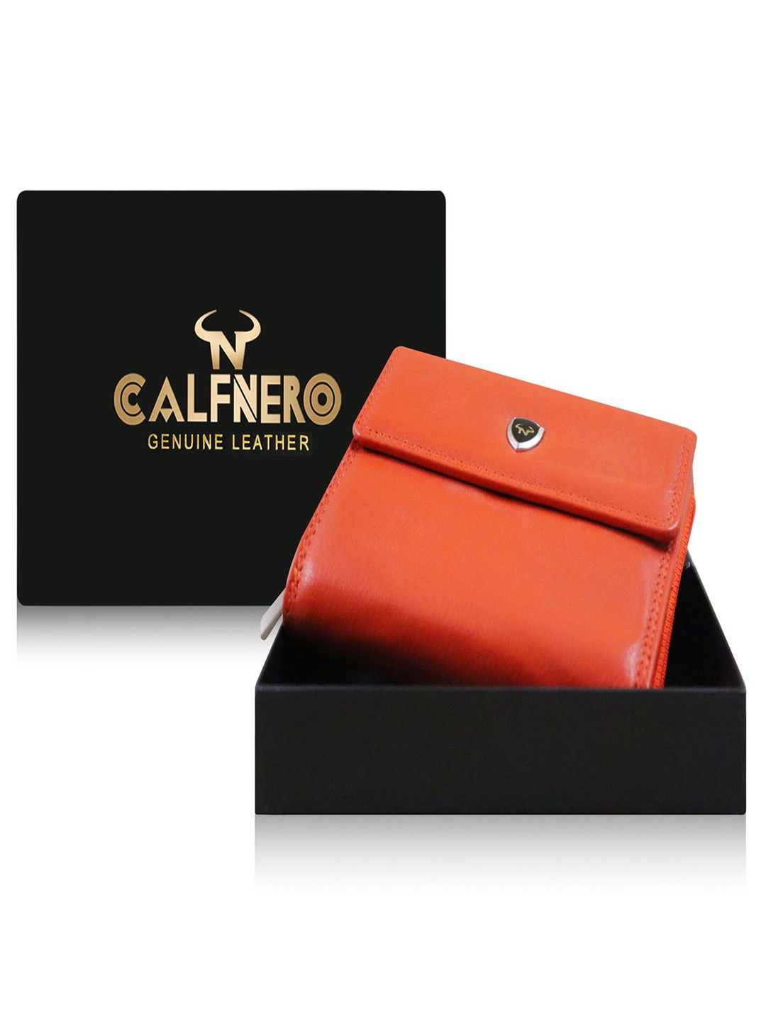 

CALFNERO Women Leather Three Fold Wallet, Orange