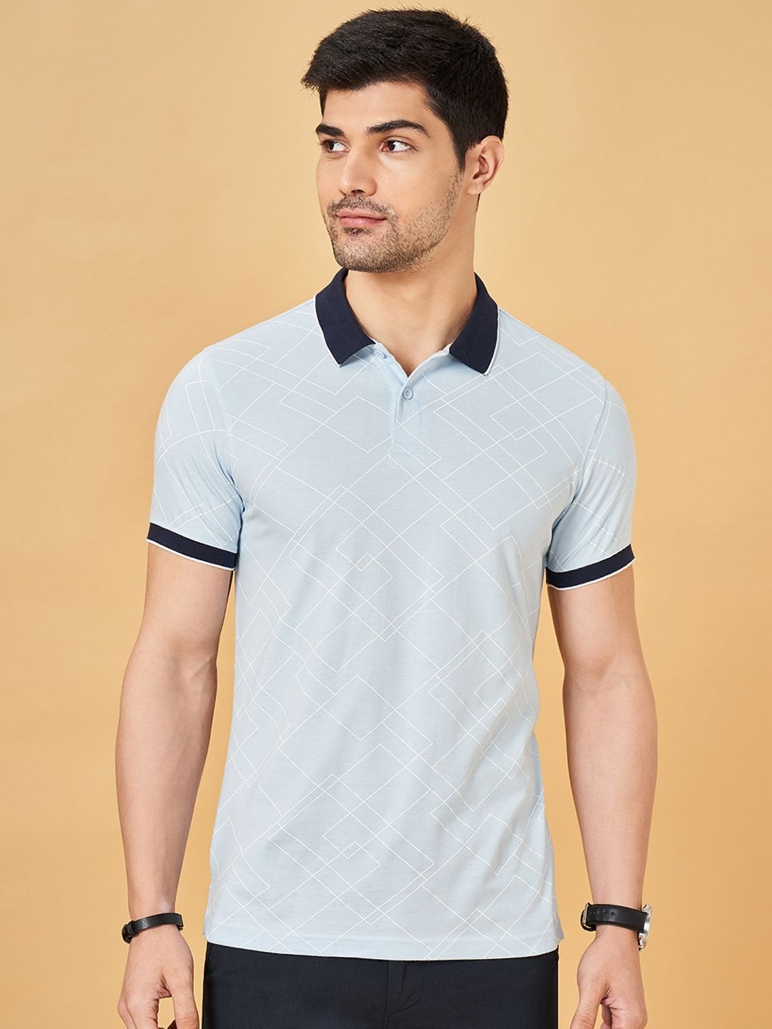 

BYFORD by Pantaloons Men Geometric Printed Polo Collar Cotton Slim Fit T-Shirt, Blue