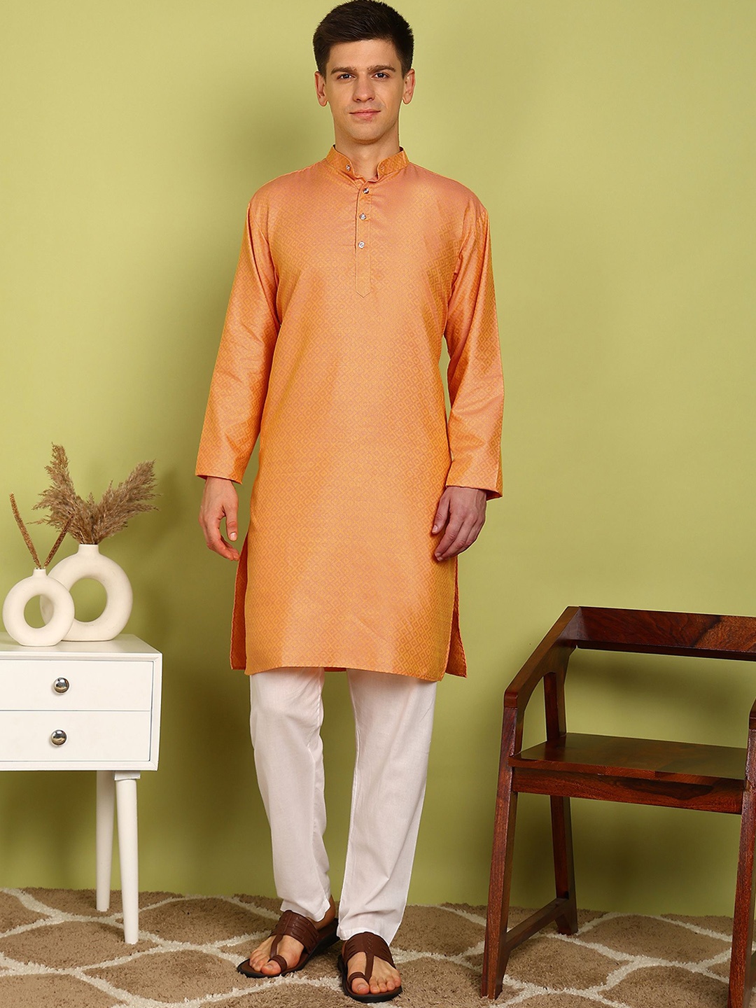 

FUBAR Woven Design Band Collar Regular Cotton Silk Straight Kurta With Pyjamas, Orange