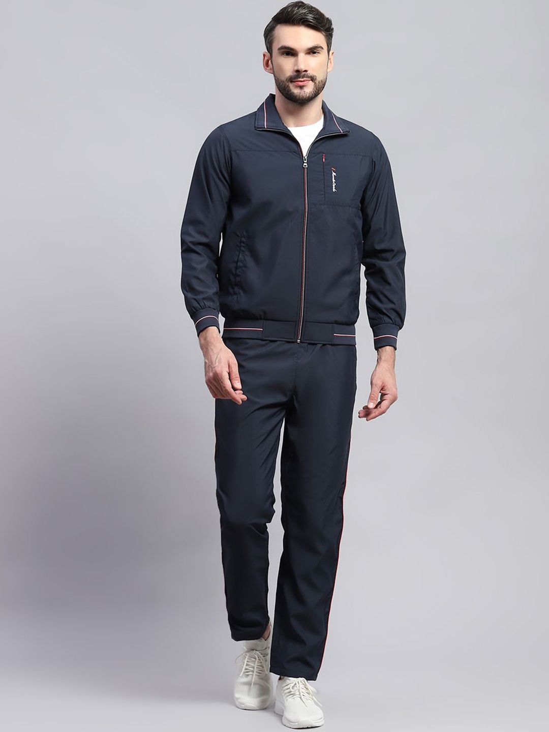 

Monte Carlo Solid Band Collar Full Sleeve Jacket & Trackpants, Navy blue