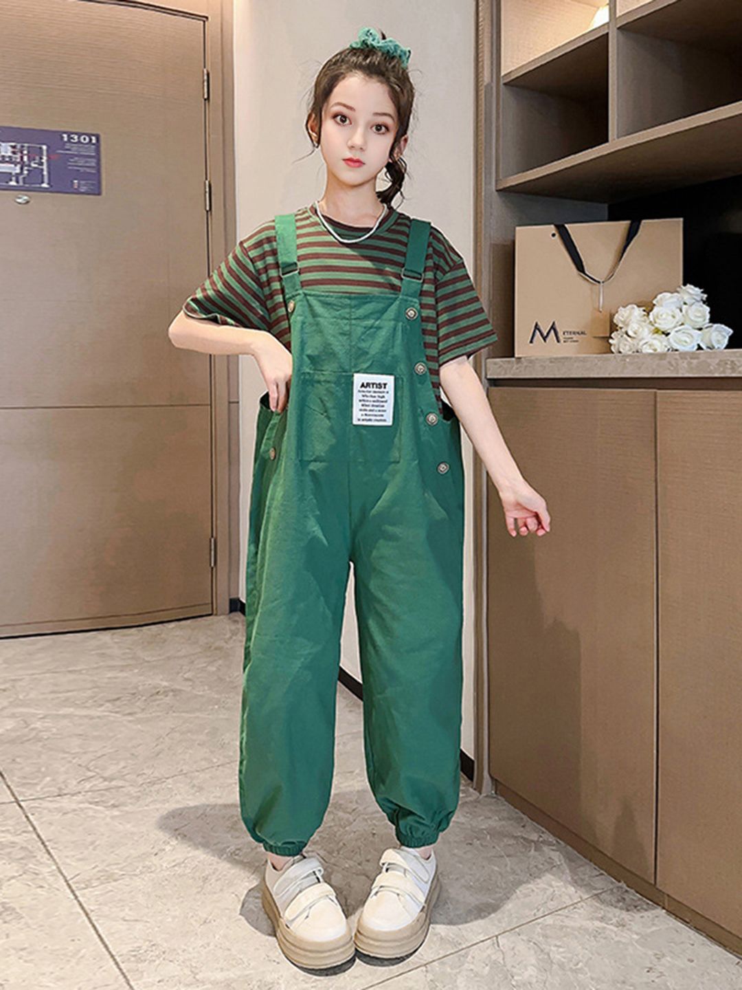 

INCLUD Girls Striped Cotton T-shirt with Dungarees, Green