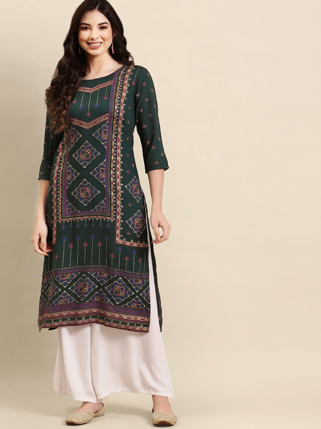 

Anouk Ethnic Motifs Printed Round Neck Straight Kurta, Olive