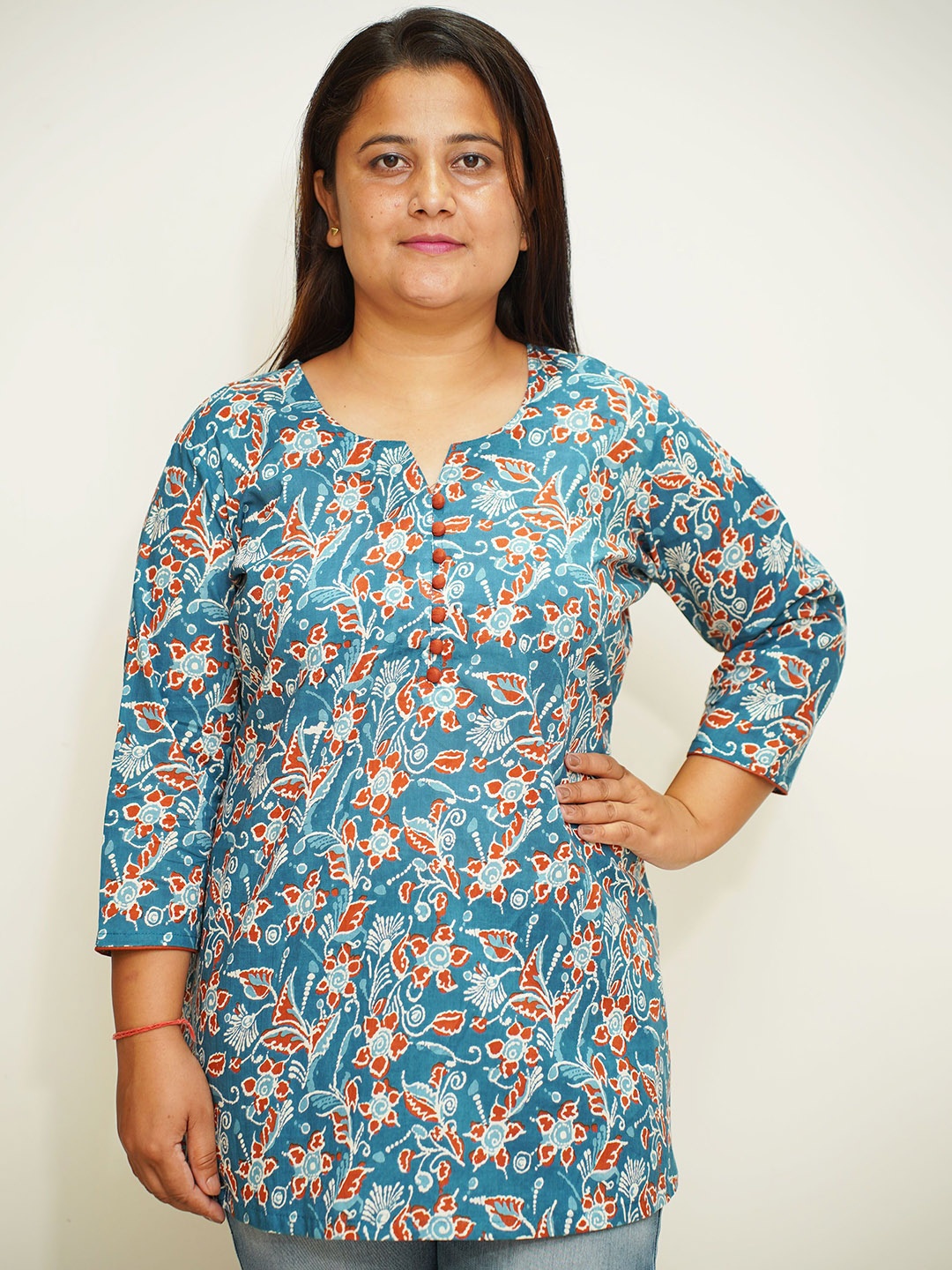 

APELLA Plus Size Floral Printed Pure Cotton Straight Kurti, Blue