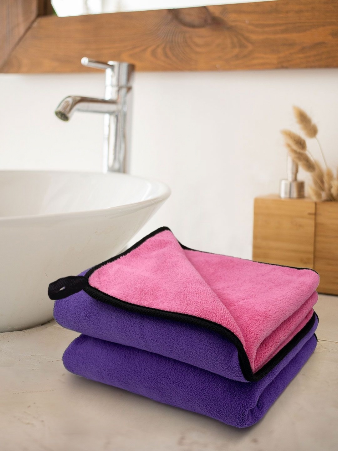 

Myntra Elegant Homes Warren Pink & Violet 2 Pieces Reversible Hand Towels