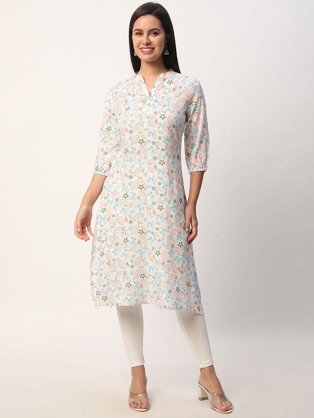 

R&B Women Floral Printed Flared Sleeves Thread Work Anarkali Kurta, Off white