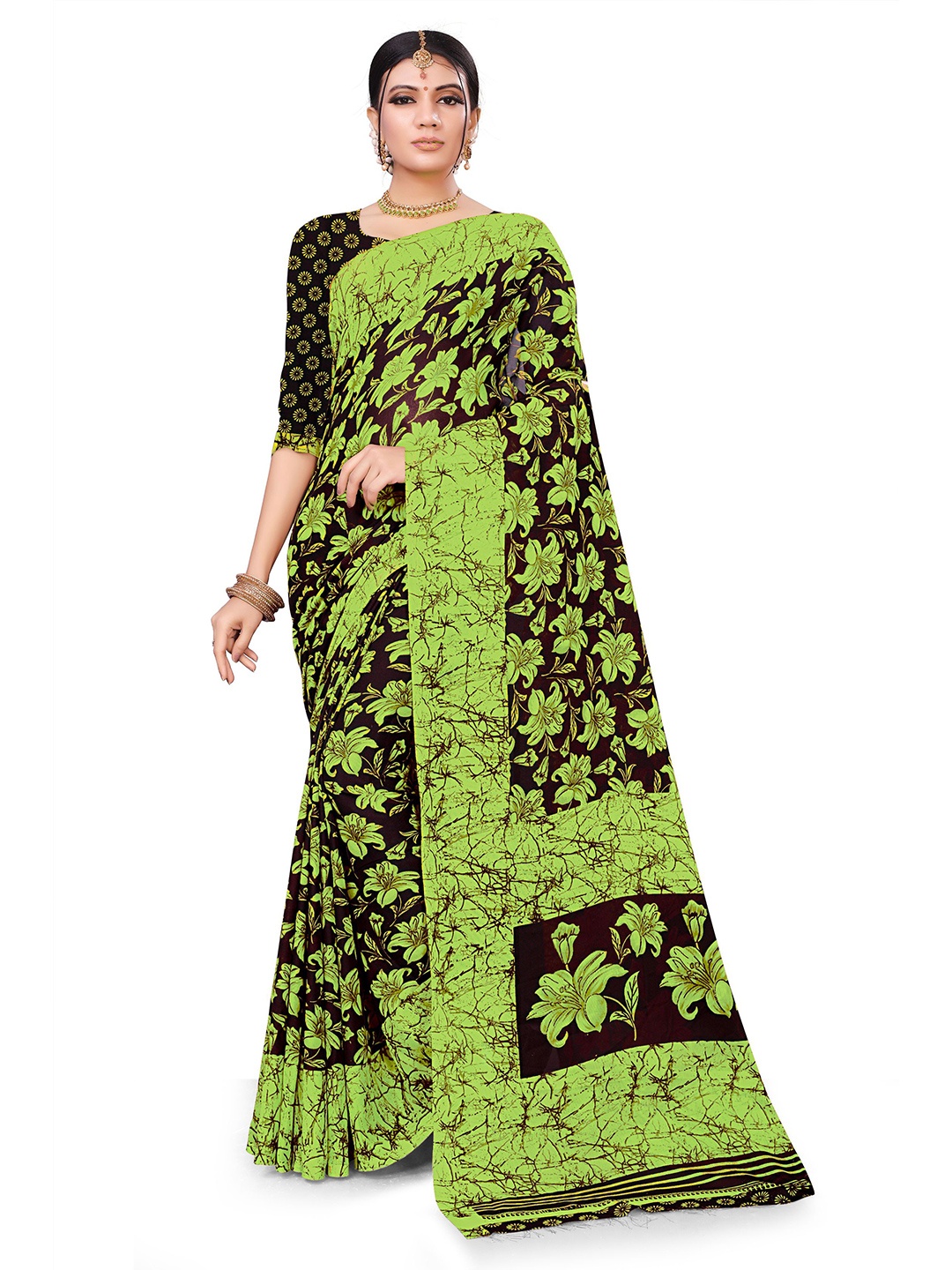 

RUNAYA NX Printed Floral Pure Georgette Saree, Black