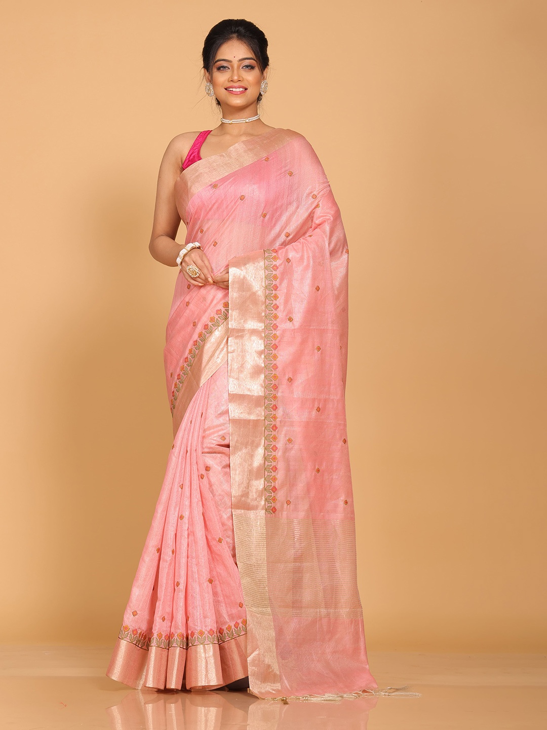 

Morchari Embroidered Floral Zari Tissue Saree, Pink