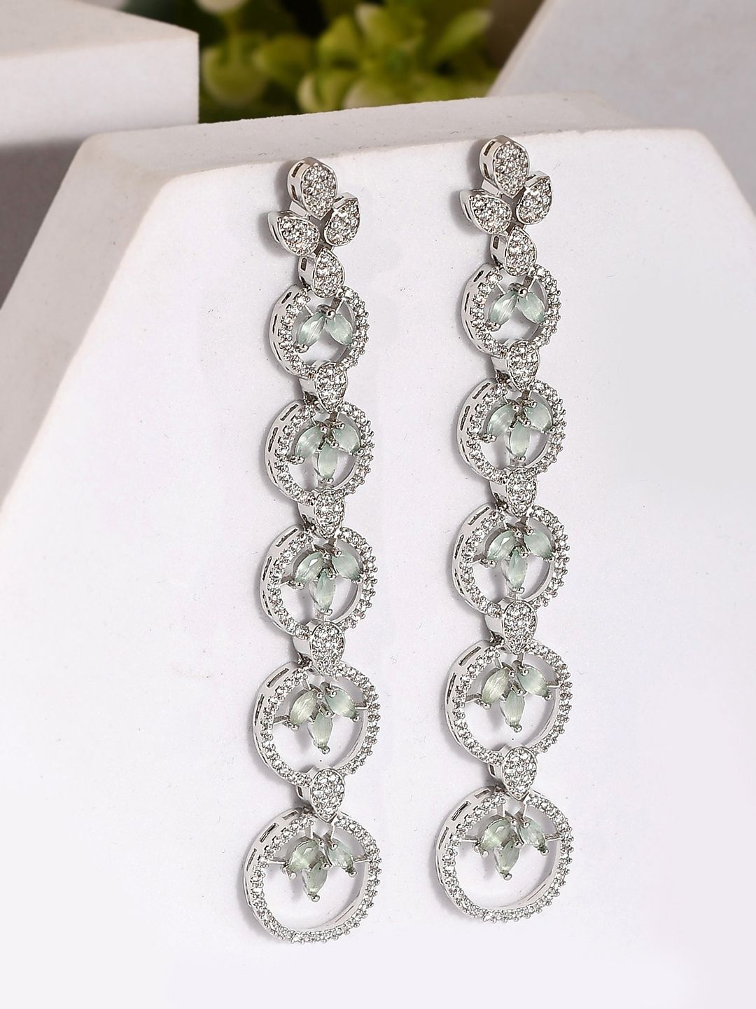 

Voylla Sparkling Elegance Radiant Rhodium Plated American Diamond Drop Earrings, Silver