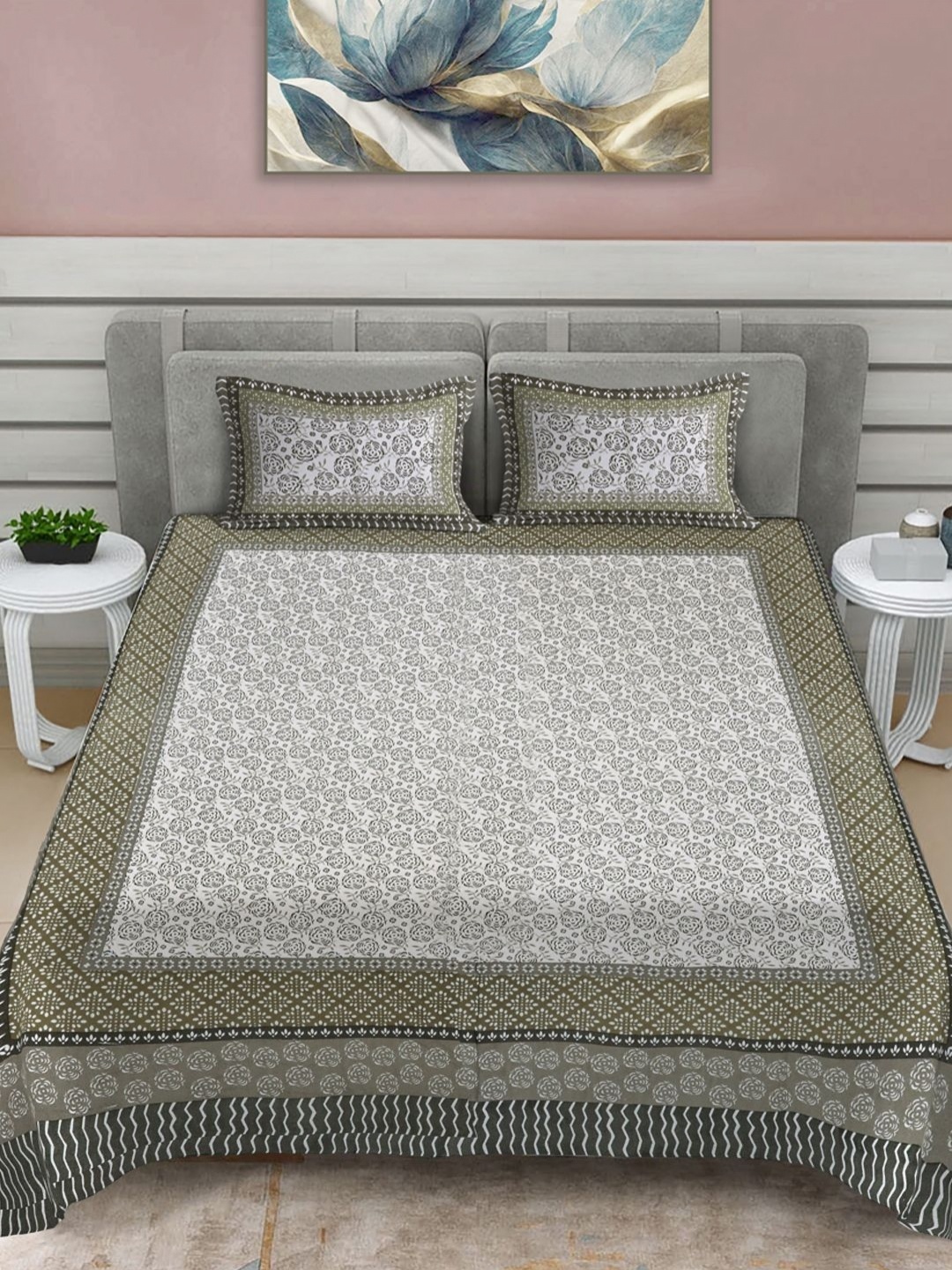 

FABINALIV Green Floral Print Pure Cotton King Size Bedsheet & 2 Pillow Covers