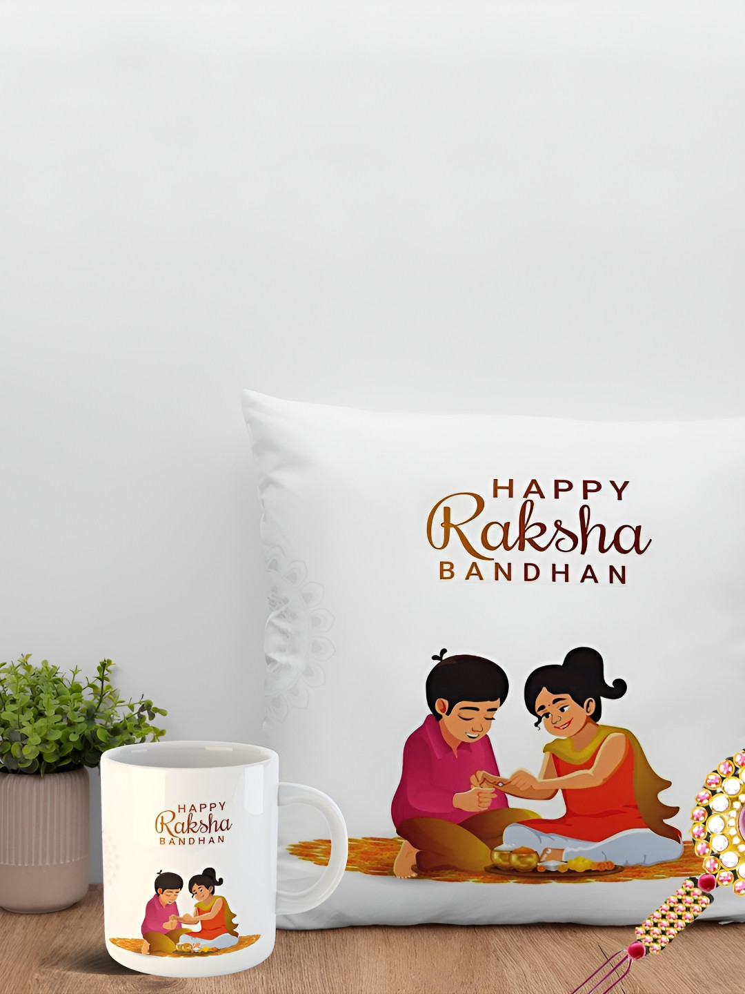 

ARTBUG Set Of 3 Rakhi With Printed Mug & Cushion, Gold